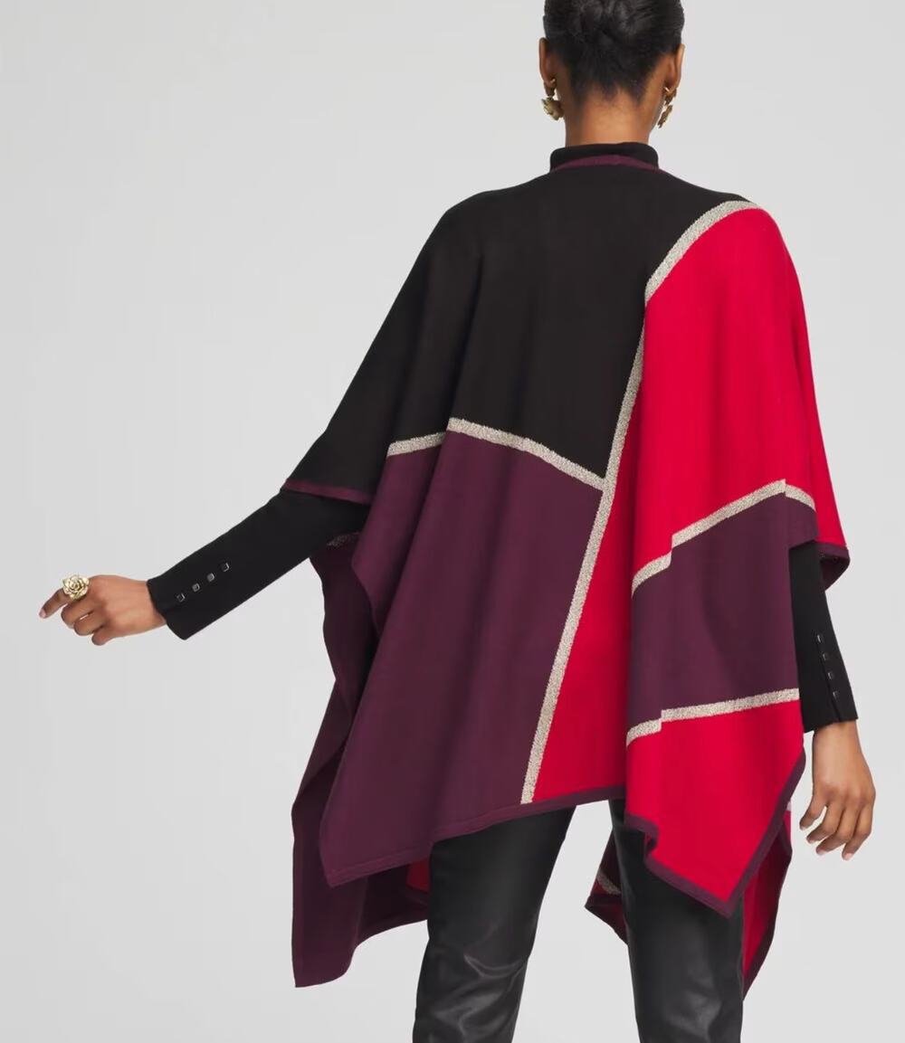 Chico's Colorblock Lurex Ruana NWT Red Black Poncho L/XL